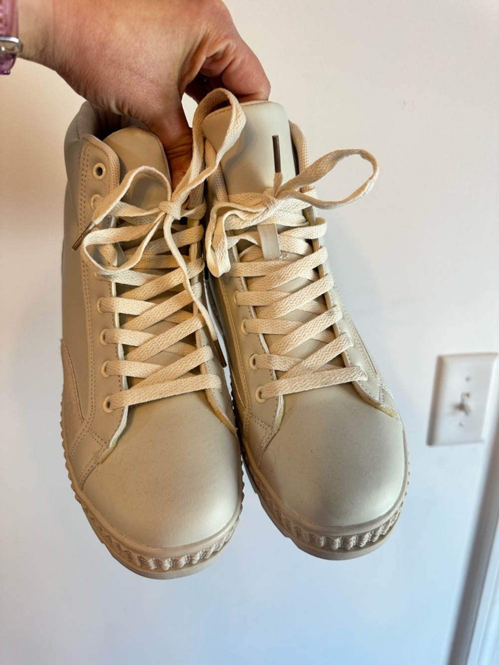 Cream Lace-Up High Top Sneakers - Picture 3 of 9